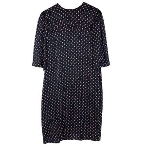 VTG JIM HEILMAN 100% Silk Midi‎ Shift Dress Sz 10 Navy Full Button Back 1/2 Slv